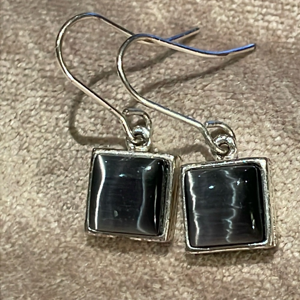 Star of India Silver And Dark Grey Earrings Geometric Square French Hook Backs